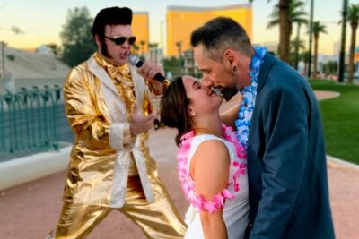 Gold Elvis Wedding or Vow Renewal at Las Vegas Sign